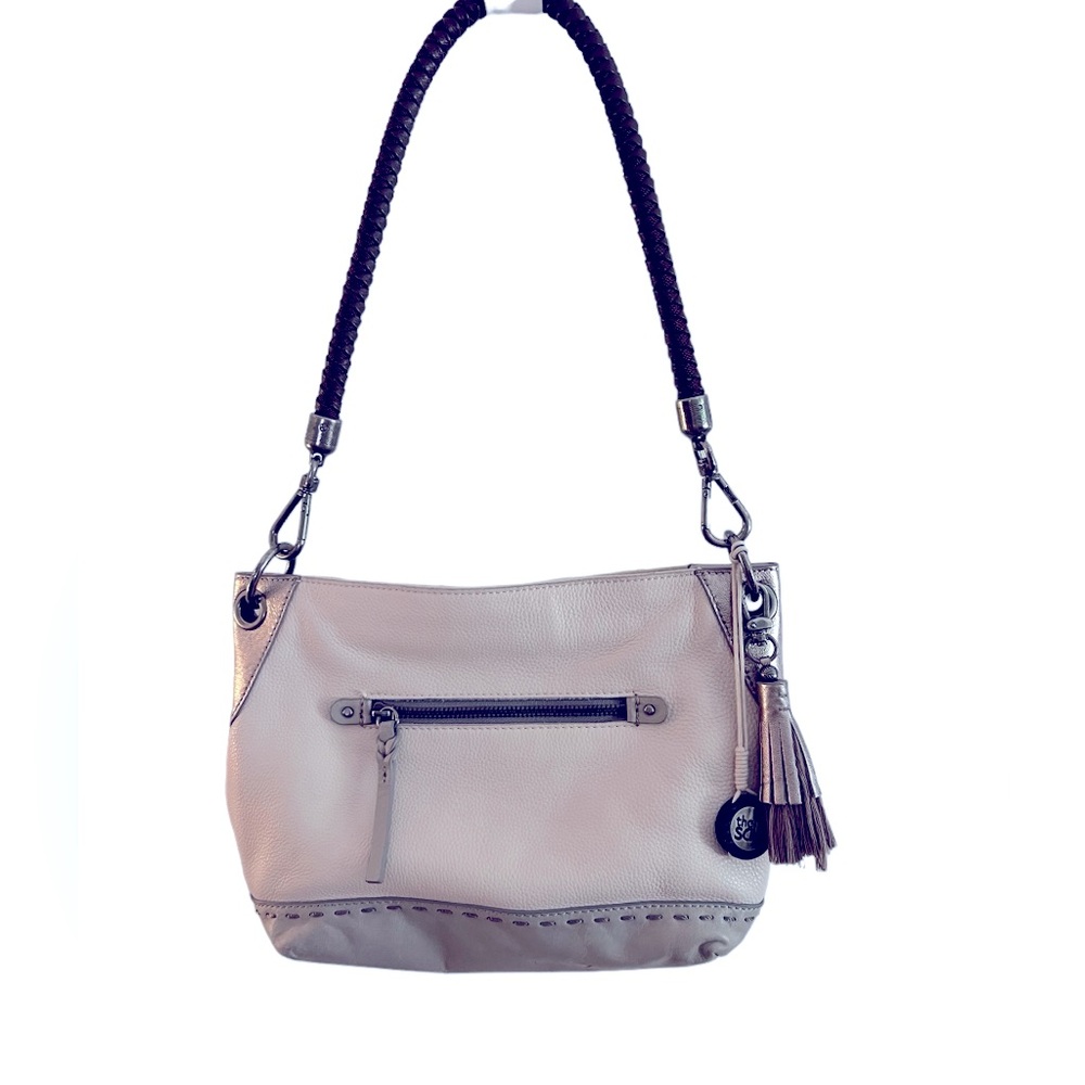 The Sak Thalia Small Hobo in Off-White and Grey with Silver & Brown Accents. EUC